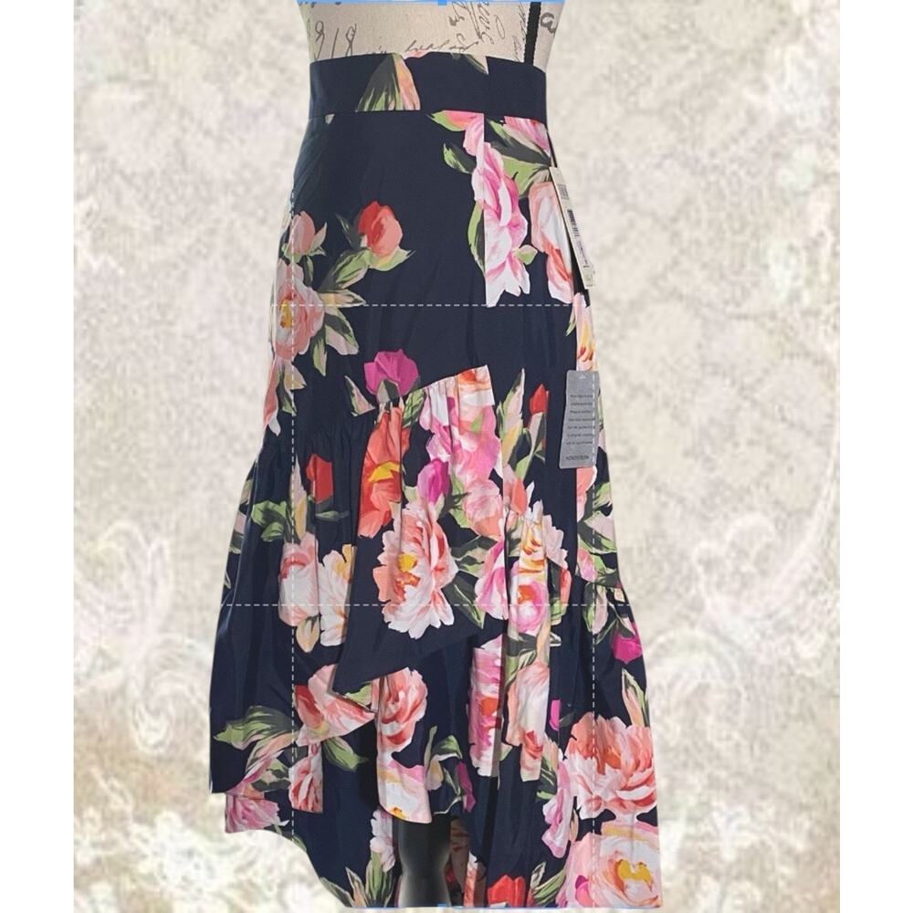 Eliza J Navy Floral High Low Cascade Ruffle Womens 6 Wedding/Peasant Skirt - Picture 6 of 12